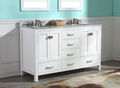 ANZZI Chateau 60" Double Vanity Set (36" H), Handmade Wood Cabinet, Carrara Marble Countertop, Soft-Close Storage, Paladin Protection Finish, Multiple Cabinet Colors