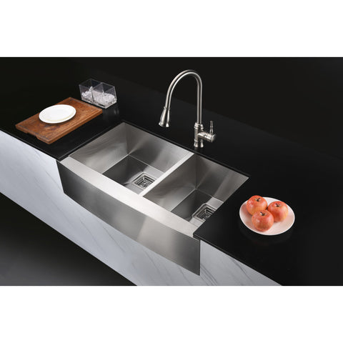 ANZZI Elysian Farmhouse Stainless Steel 33 in. 0-Hole 60/40 Double Bowl Kitchen Sink in Brushed Satin