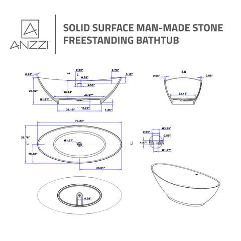 Ala Series 74 in. x 34 in. Flat Bottom Solid Surface Freestanding Soaking Bathtub with Center Drain in Matte White