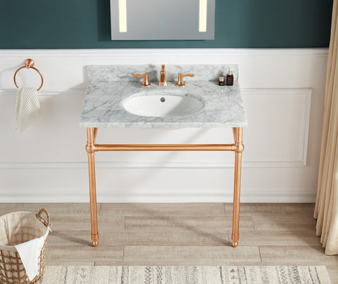 Verona 34.5 in. Console Sink in Rose Gold with Carrara White Counter Top