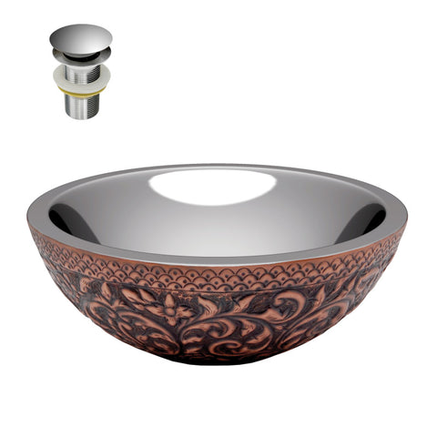 BS-012 - ANZZI Crete 14 in.  Handmade Vessel Sink in Polished Antique Copper with Nickel Interior and Floral Design Exterior