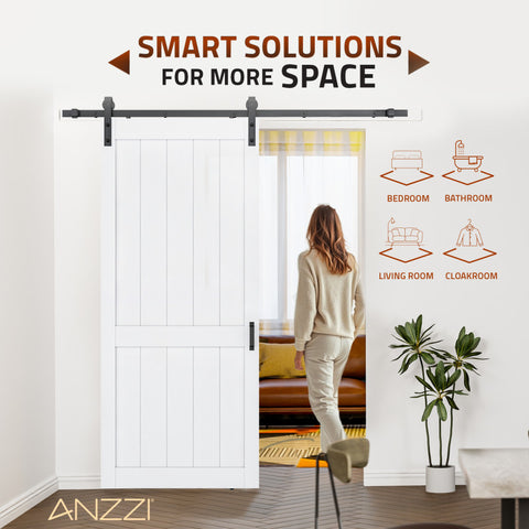 ID-AZBD05 - ANZZI ANZZI Heavy Duty Sturdy Sliding Barn Door - 36x84'' White Sliding Wood Single Sliding Barn Door - Solid Core MDF + PVC - Knockdown Design - Sliding Door Hardware Kit Included - Space-Saving Solution