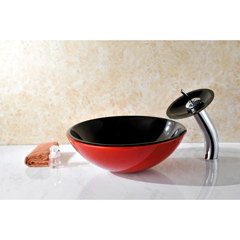 ANZZI Chord Series Deco-Glass Vessel Sink in Lustrous Black and Red with Matching Chrome Waterfall Faucet