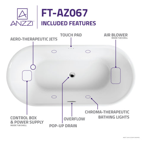 ANZZI Jericho Series 67" Air Jetted Freestanding Acrylic Bathtub in White