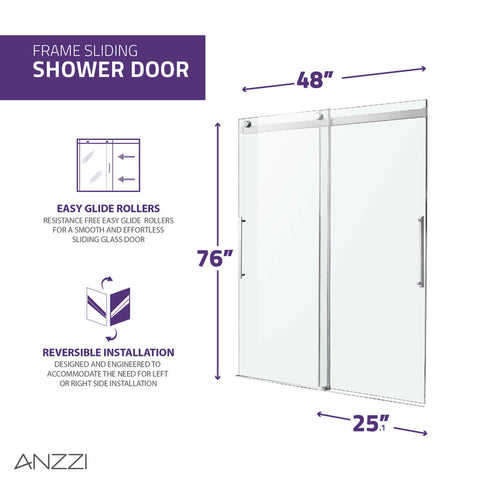 ANZZI Stellar Series 48 in. x 76 in. Frameless Sliding Shower Door with Handle