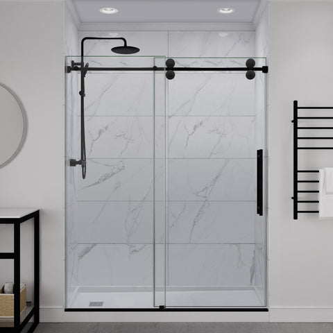 ANZZI 60" x 76" Frameless Sliding Shower Door, 3/8" TSUNAMI GUARD Glass, Exposed Rollers and RHINO ALLOY Hardware, Matte Black