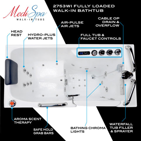 27 in. x 53 in. Left Drain Walk-In Whirlpool and Air Tub with Total Spa Suite in White