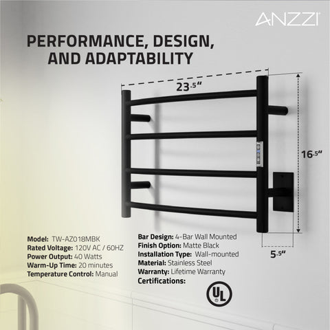 ANZZI Glow 4-Bar Stainless Steel Wall Mounted Towel Warmer