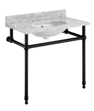 ANZZI Verona 34.5" Wall Mounted Console Sink (34" H), Scratch-Resistant Carrara White Stone Countertop, Ceramic Sink, Optional Frame Finishes