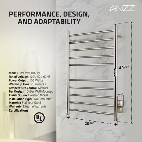 ANZZI Crete 10-Bar Stainless Steel Wall Mounted Towel Warmer Rack