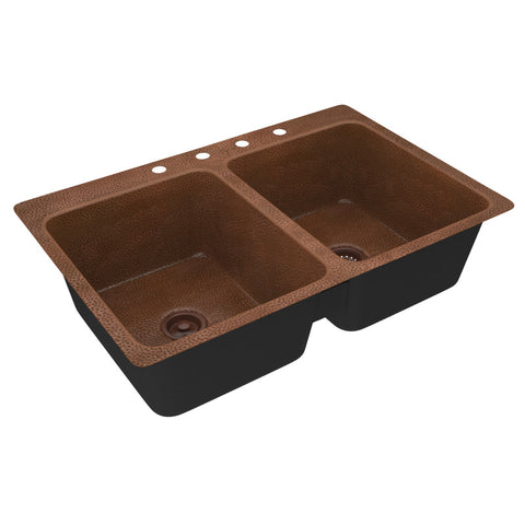 ANZZI Elen Drop-in Handmade Copper 33 in. 4-Hole 50/50 Double Bowl Kitchen Sink in Hammered Antique Copper