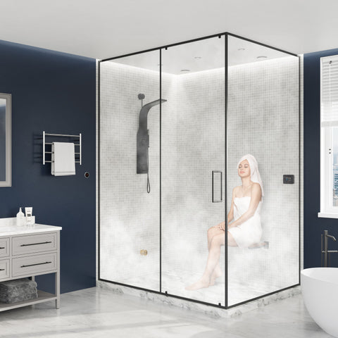 CON900MK - SaunaSpa Contractors Series 9kW Steam Bath Generator with Quickstart Continuous Steam, Black Digital Touch Pad, Built-in Auto-drain, Drain Pan, White LED light, and Aroma Steamhead in Matte Black