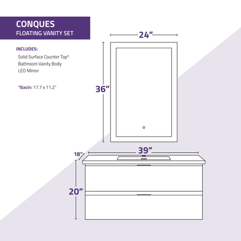 ANZZI 39 in W x 20 in H x 18 in D Bath Vanity with Cultured Marble Vanity Top in White with White Basin & Mirror