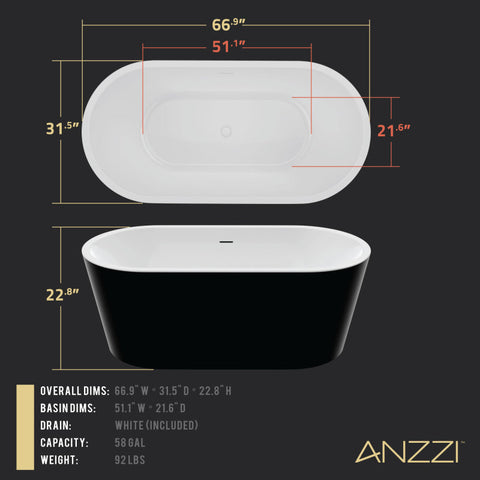 ANZZI Chand 67 in. Acrylic Flatbottom Freestanding Bathtub in Black