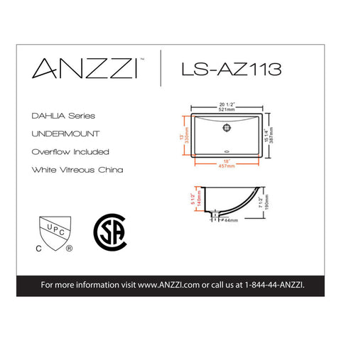 ANZZI Dahlia Series 20.5 in. Ceramic Undermount Sink Basin in White