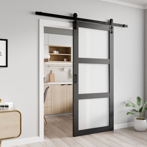 ANZZI Sonora Series 36 in. x 84 in. Dark Gray MDF Interior Sliding Barn Door with Frosted Glass and Hardware Kit in Matte Black