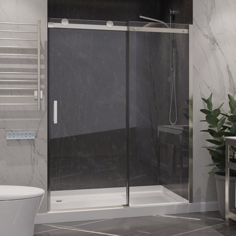 60 in. x 76 in. Frameless Sliding Shower Door with Handle in Brushed Nickel