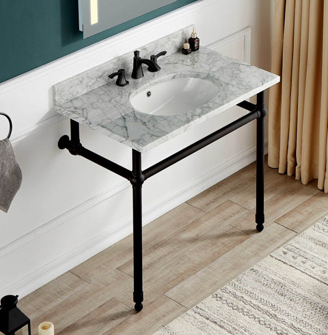 Verona 34.5 in. Console Sink in Matte Black with Carrara White Counter Top