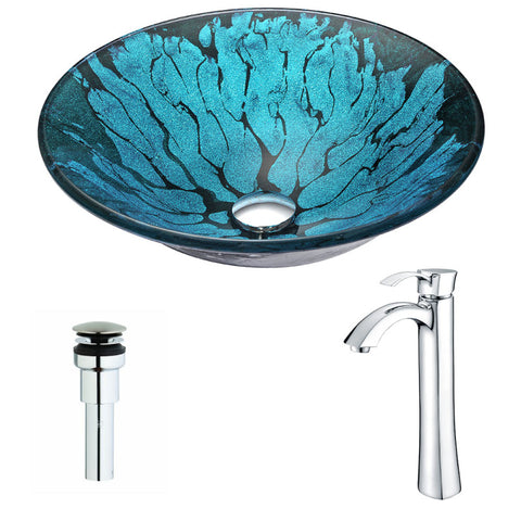 LSAZ046-095B - ANZZI Key Series Deco-Glass Vessel Sink in Lustrous Blue and Black with Harmony Faucet in Brushed Nickel