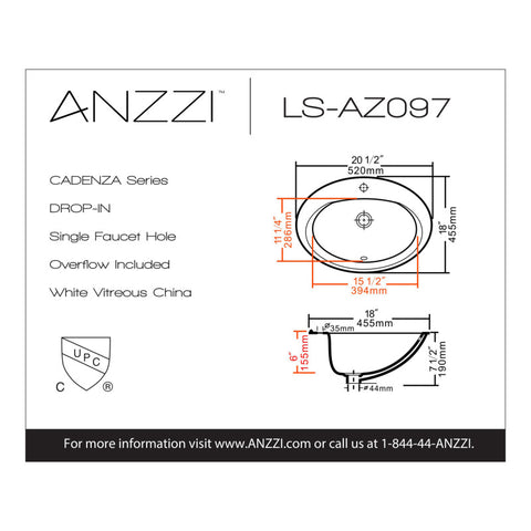 ANZZI Series 20.5 in. Ceramic Drop In Sink Basin in White