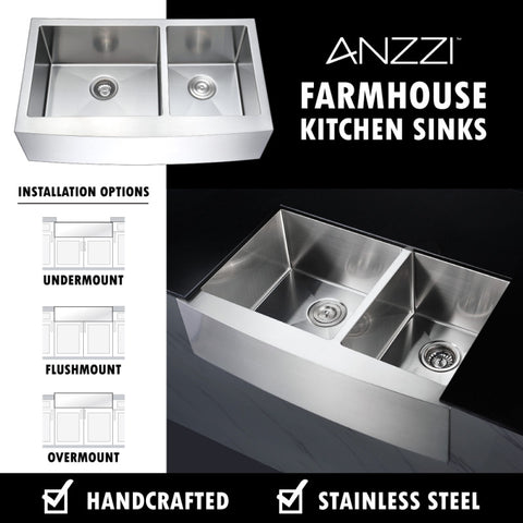 ANZZI Elysian Farmhouse 33 in. Double Bowl Kitchen Sink with Accent Faucet in Oil Rubbed Bronze