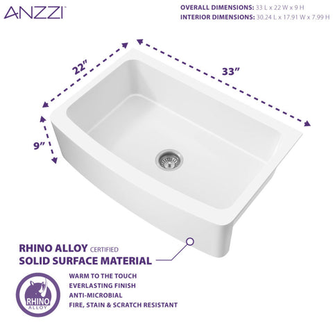 ANZZI Mesa Series Farmhouse Solid Surface 33 in. 0-Hole Single Bowl Kitchen Sink with 1 Strainer