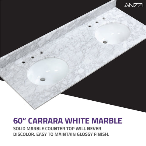 ANZZI Chateau 60 in. W x 22 in. D Bathroom Vanity Set with Carrara Marble Top with White Sink