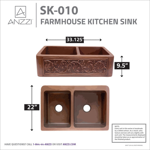 ANZZI Moesia Farmhouse Handmade Copper 33 in. 60/40 Double Bowl Kitchen Sink with Floral Design in Polished Antique Copper