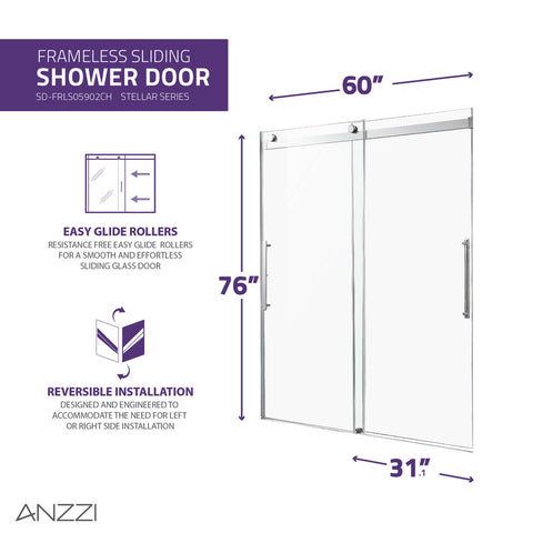 SD-FRLS05902CH - Stellar Series 60 in. x 76 in. Frameless Sliding Shower Door with Handle in Chrome