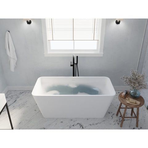 ANZZI Fomaia 4.9 ft. Man-Made Stone Center Drain Freestanding Bathtub in Matte White