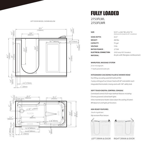 ANZZI Right Drain FULLY LOADED Walk-in Bathtub with Air Jets and Whirlpool Massage Jets Hot Tub | Quick Fill Waterfall Tub Filler with 6 Setting Handheld Shower Sprayer | Including Aromatherapy, LED Lights, V-Shaped Back Jets, and Auto Drain | 2753FLWR