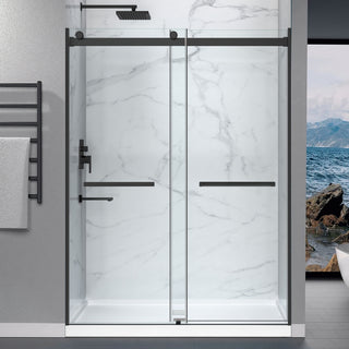 Kahn Series 60 in. x 32 in. Center Drain Alcove Shower Base and Frameless Sliding Door Combo with Tsunami Guard