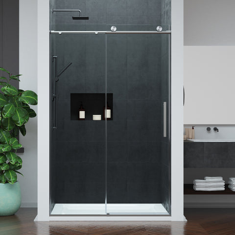 Mountain 48 in Reversible Frameless Sliding Deco-Glass Shower Door with Soft-Close System and Chrome Finish