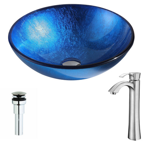 LSAZ027-095B - ANZZI Clavier Series Deco-Glass Vessel Sink in Lustrous Blue with Harmony Faucet in Brushed Nickel