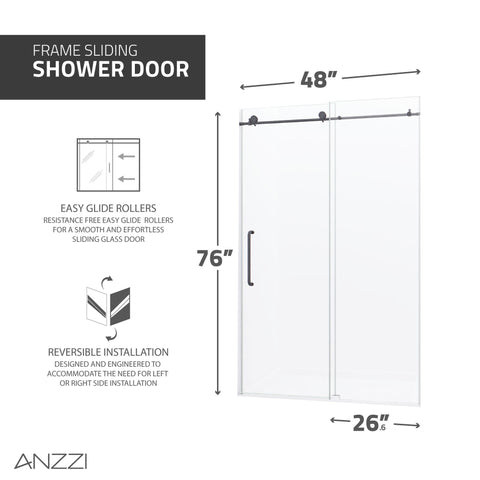 Madam Series 44 to 48 in. by 76 in. Frameless Sliding Shower Door in Gunmetal with Clear Tempered Glass and Tsunami Guard