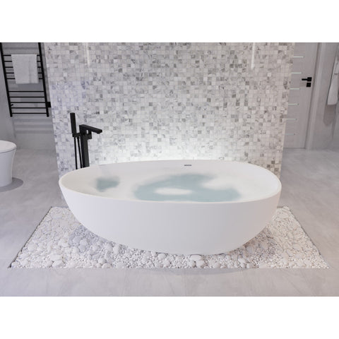 ANZZI Makot 5.6 ft. Man-Made Stone Center Drain Freestanding Bathtub in Matte White