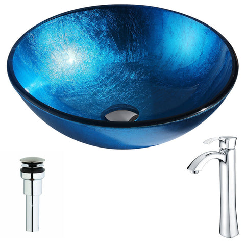 LSAZ078-095 - ANZZI Arc Series Deco-Glass Vessel Sink in Lustrous Light Blue with Harmony Faucet in Polished Chrome