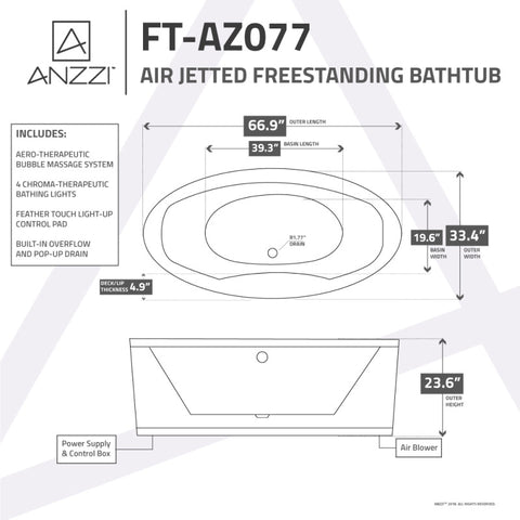 ANZZI Jarvis Series 67" Air Jetted Freestanding Acrylic Bathtub in White