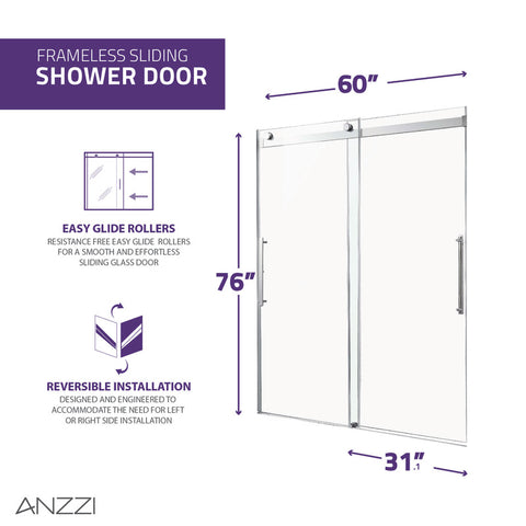 ANZZI Stellar Series 60 in. x 76 in. Frameless Sliding Shower Door with Handle