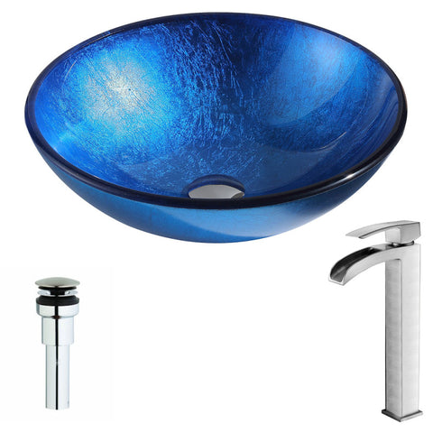 LSAZ027-097B - ANZZI Clavier Series Deco-Glass Vessel Sink in Lustrous Blue with Key Faucet in Brushed Nickel