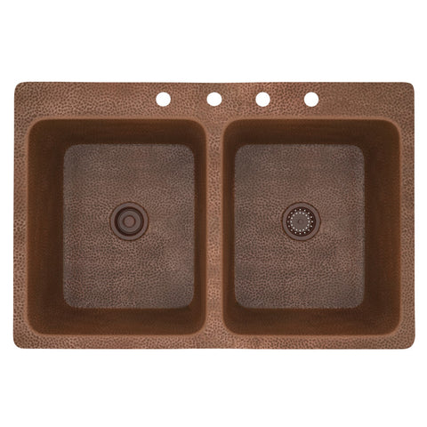 ANZZI Elen Drop-in Handmade Copper 33 in. 4-Hole 50/50 Double Bowl Kitchen Sink in Hammered Antique Copper