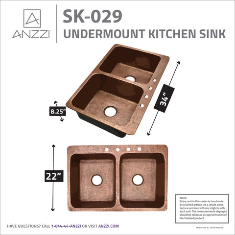 ANZZI Elen Drop-in Handmade Copper 33 in. 4-Hole 50/50 Double Bowl Kitchen Sink in Hammered Antique Copper