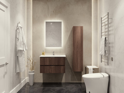 ANZZI Conques 3-Piece Vanity Set (30" W), Wall Mounted, Glossy White Stone Top, Soft-Close Drawers, LED Defogger Mirror & 55" Side Cabinet