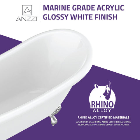 ANZZI 67.32” Diamante Slipper-Style Acrylic Claw Foot Tub in White