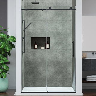 Mountain 48 in. W x 76 in. H Reversible Frameless Sliding Glass Shower Door with Soft-Close System - Multiple Finishes