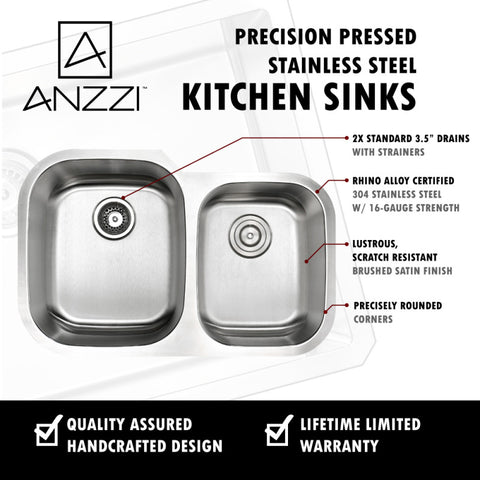 ANZZI Moore Undermount Stainless Steel 32 in. 0-Hole 60/40 Double Bowl Kitchen Sink in Brushed Satin