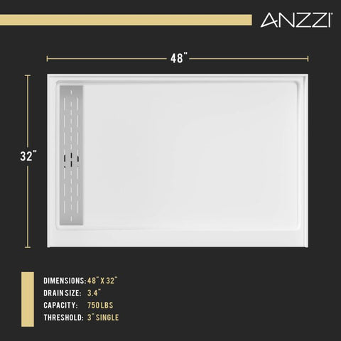 ANZZI Alexander 48 in. x 32 in. Shower Base in White