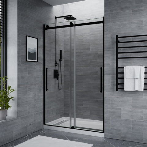 SD-FRLS05901MB - ANZZI Stellar Series 48 in. x 76 in. H Sliding Frameless Shower Door in Matte Black with Tsunami Guard Tempered Glass