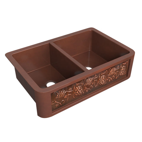 ANZZI Dalmatia Farmhouse Handmade Copper 33 in. 40/60 Double Bowl Kitchen Sink with Grape Vine Design in Polished Antique Copper