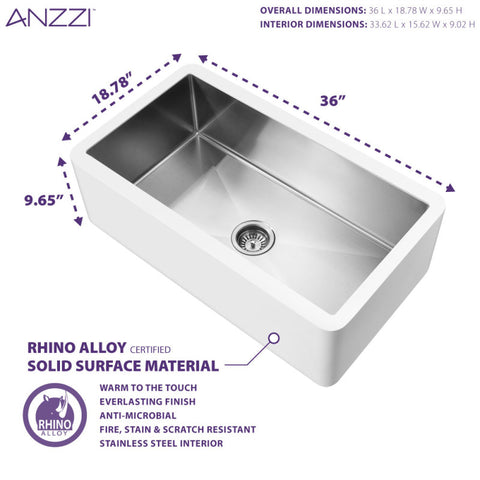 ANZZI Apollo Series Farmhouse Solid Surface 36 in. 0-Hole Single Bowl Kitchen Sink with Stainless Steel Interior